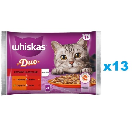 WHISKAS Adult Classic 52x85g: Nassfutter für Katzen mit Rind, Geflügel, Lamm und Ente in Gelee