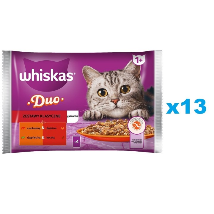 WHISKAS Adult Classic 52x85g: Nassfutter für Katzen mit Rind, Geflügel, Lamm und Ente in Gelee