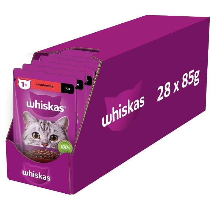 WHISKAS Adult 28x85g: Nassfutter für adulte Katzen mit Rindfleisch in Sauce