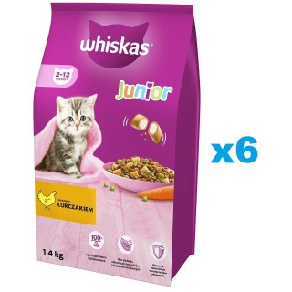 WHISKAS Junior 6x1,4 kg: Trockenvollnahrung für Kätzchen mit leckerem Huhn