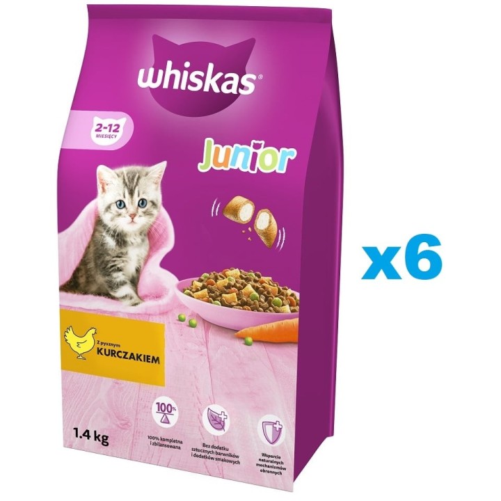 WHISKAS Junior 6x1,4 kg: Trockenvollnahrung für Kätzchen mit leckerem Huhn