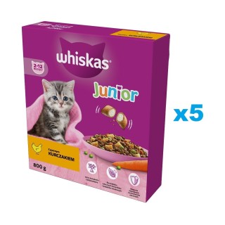 WHISKAS Junior 5x800g: Trockenvollnahrung für Kätzchen mit leckerem Huhn