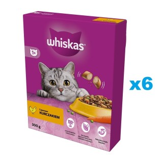 WHISKAS Adult 6x300g: Trockenvollnahrung mit leckerem Huhn für adulte Katzen