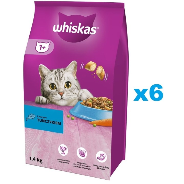 WHISKAS Adult 6x1,4 kg: Trockenvollnahrung für adulte Katzen mit leckerem Thunfisch