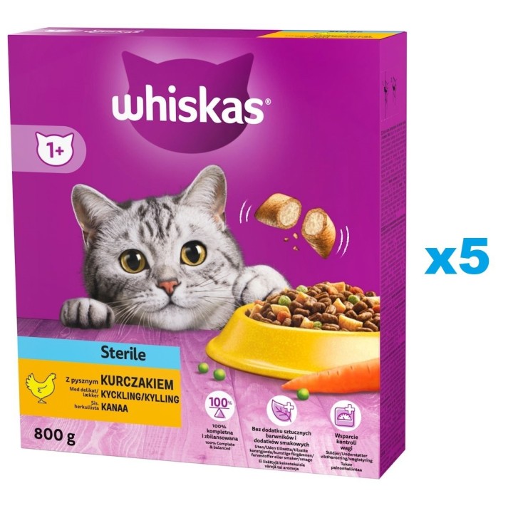 WHISKAS Sterile 5x800g: Trockenfutter für sterilisierte Katzen mit Huhn