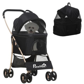 PawHut Hundewagen  2-in-1 Hundetrolley & Tragetasche, faltbarer Hundebuggy mit Kissen, 4 Rädern, Netzfenster, Oxfordstoff, Sc