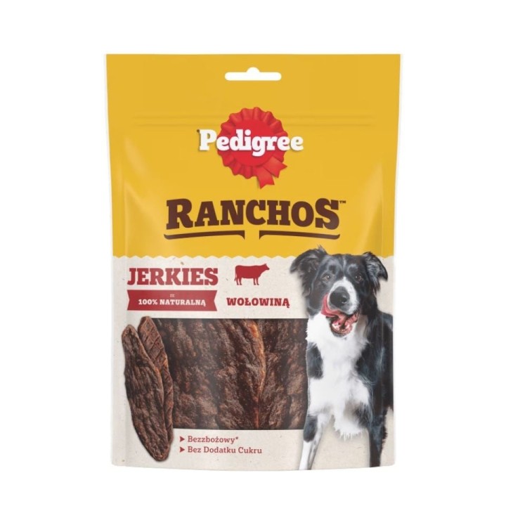 PEDIGREE Ranchos Jerkies 1x180 g: Getreidefreies Ergänzungsfutter für adulte Hunde mit Rindfleisch