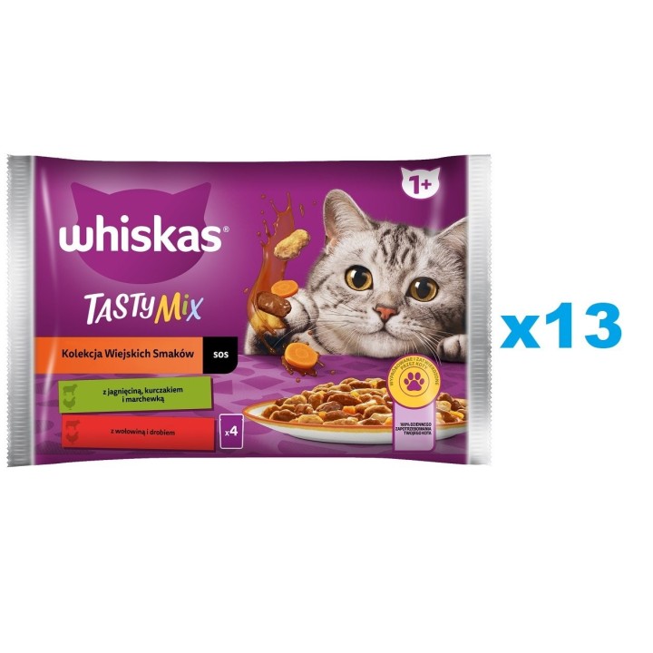 WHISKAS Adult 52x85g: Nassfutter für Katzen mit Lamm, Huhn und Karotten, Rind und Geflügel in Sauce