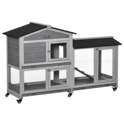 PawHut Kleintierstall Kleintierhaus 157,4x53x99,5cm  mit Rollen Freilaufgehege Asphaltdach Doppelstöckiger Tannenholz Stahl G