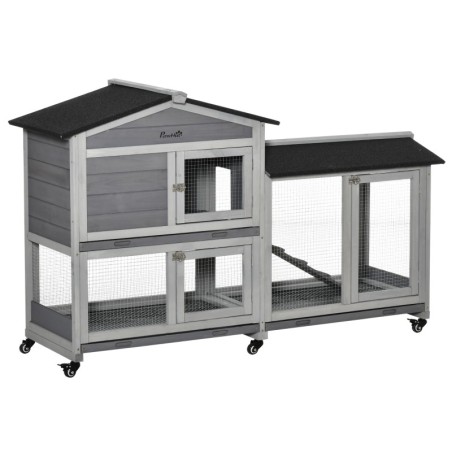 PawHut Kleintierstall Kleintierhaus 157,4x53x99,5cm  mit Rollen Freilaufgehege Asphaltdach Doppelstöckiger Tannenholz Stahl G